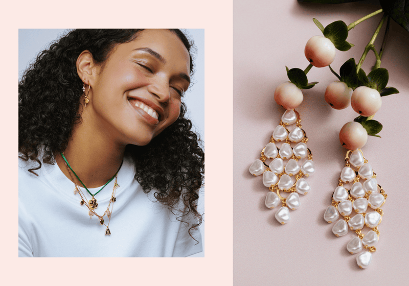 Model wearing Orelia new in flower jewellery and pearl jewellery. Still life image of statement pearl drop earrings