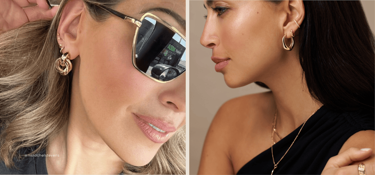 Rachel Stevens wearing Orelia Statement Interlocking Earrings, and a model wearing various Orelia earrings