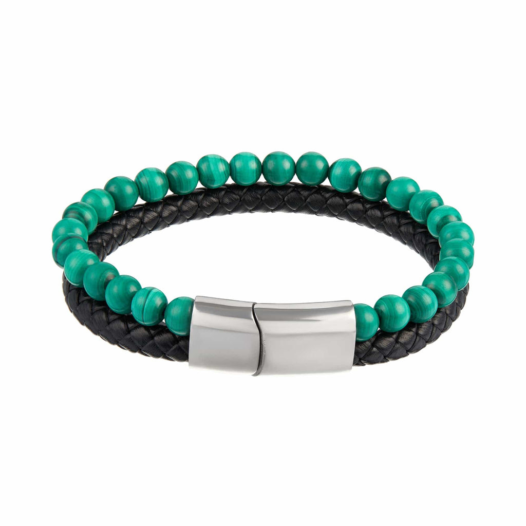 Leather & Malachite Bead 2 Row Bracelet