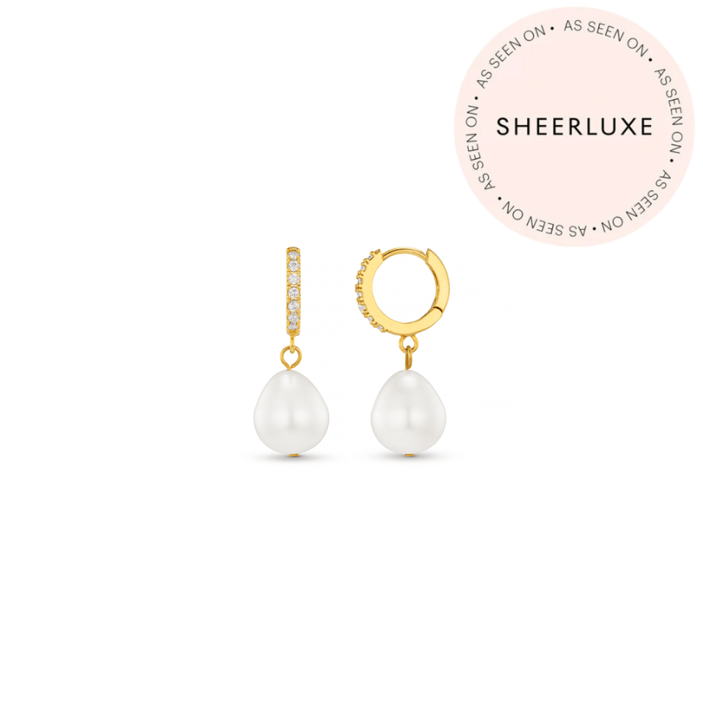 Pearl Drop Pavé Huggie Hoop Earrings
