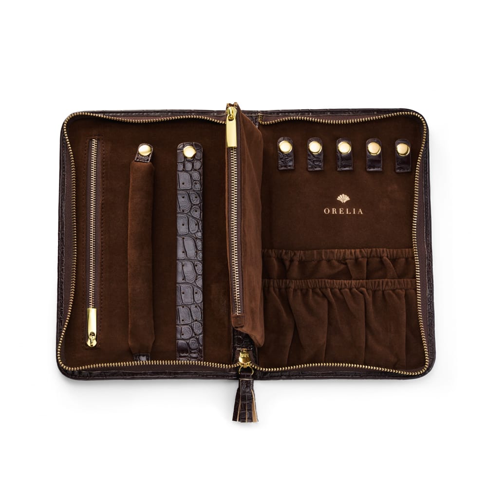 Jewellery Storage Brown Croc-Effect Jewellery Travel Wallet - Large Orelia Jewellery