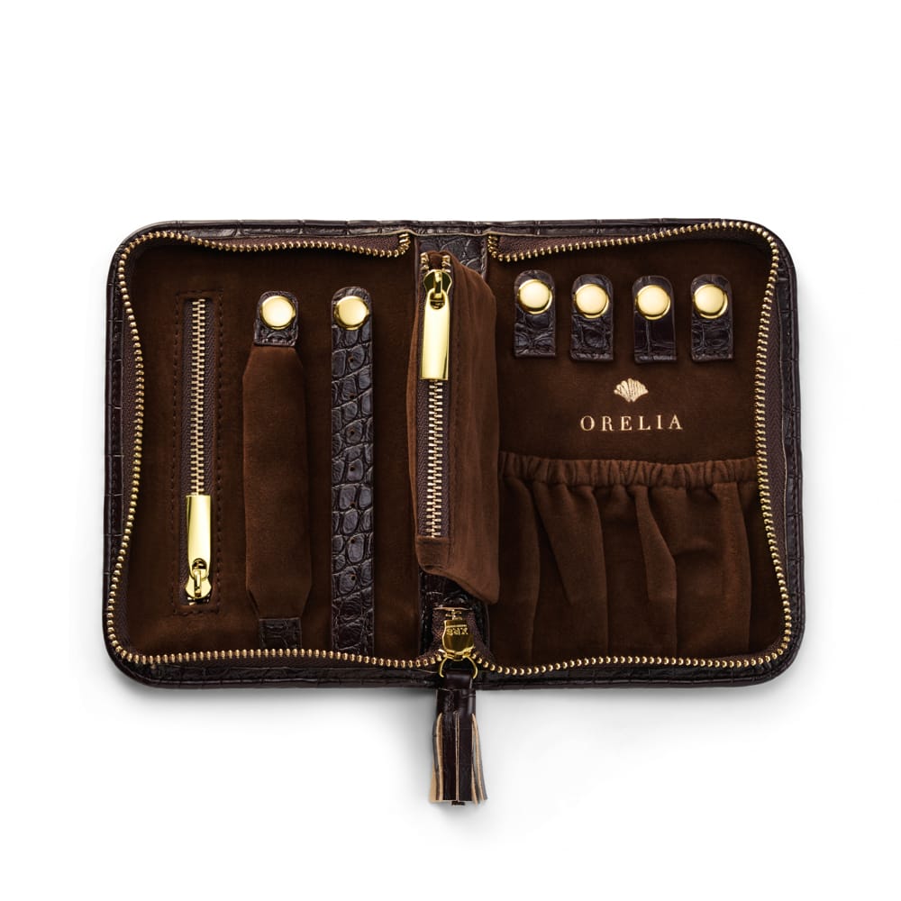Jewellery Storage Brown Croc-Effect Jewellery Travel Wallet - Small Orelia Jewellery