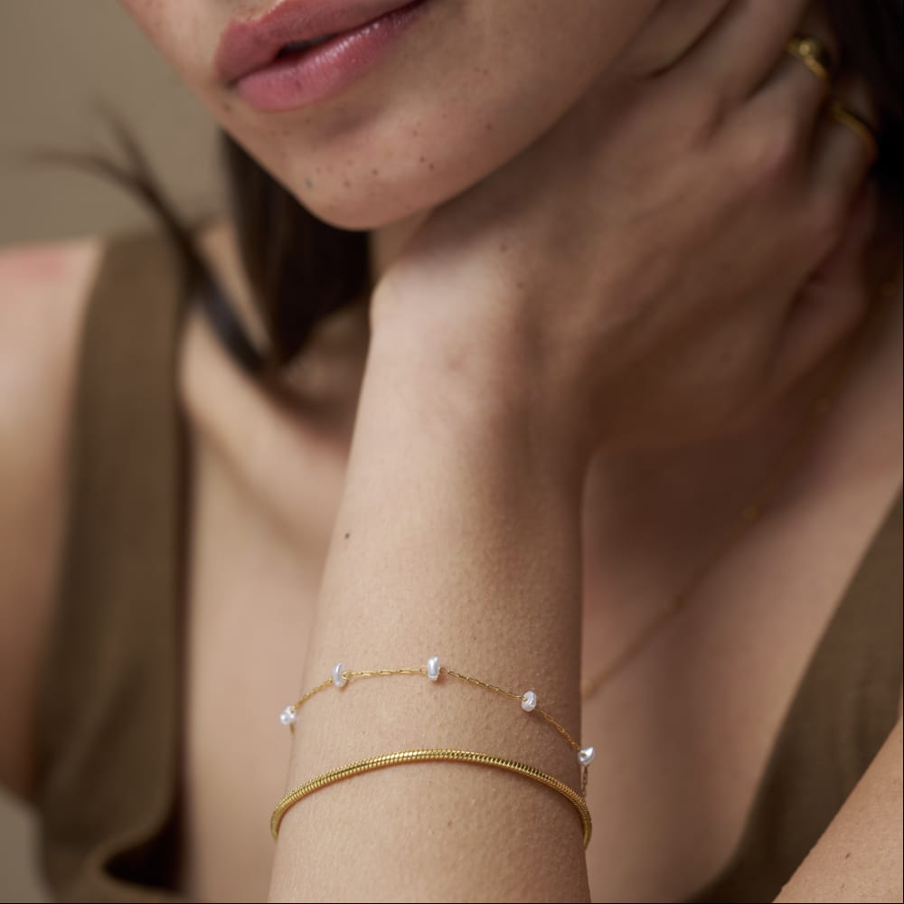 Multi Row Bracelet Default Pearl & Snake Chain Bracelet Duo Orelia Jewellery