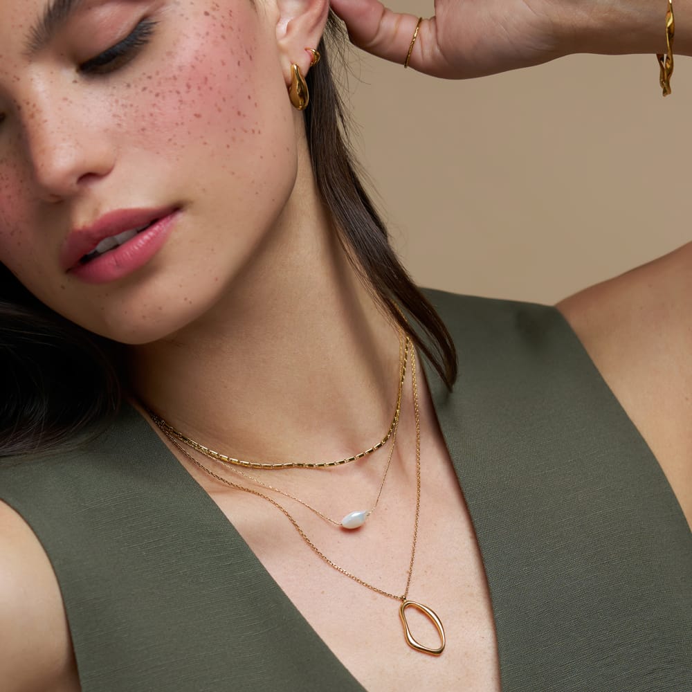 Multi Row Neckwear Organic Oval & Pearl 3-Row Necklace Orelia Jewellery
