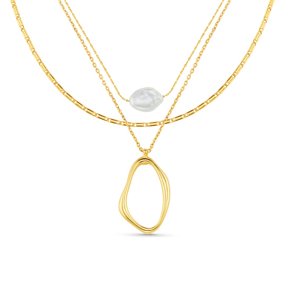 Multi Row Neckwear Organic Oval & Pearl 3-Row Necklace Orelia Jewellery