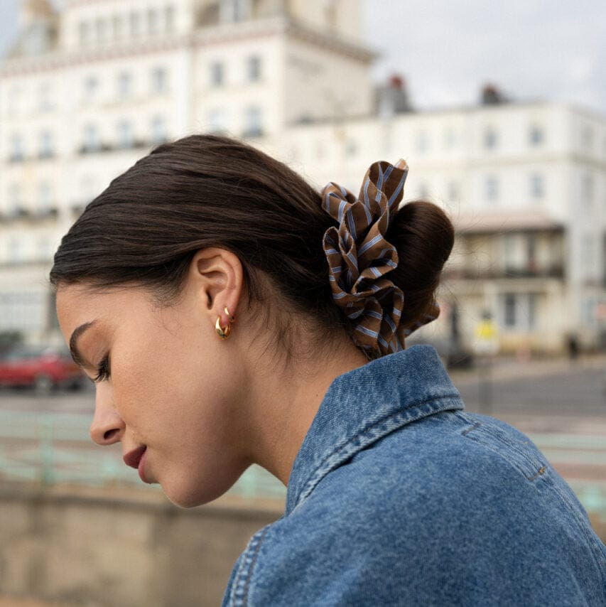 Scrunchie Default Oversized Brown & Blue Stripe Scrunchie Orelia Jewellery