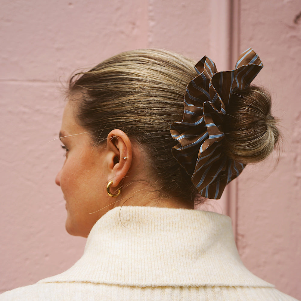 Scrunchie Default Oversized Brown & Blue Stripe Scrunchie Orelia Jewellery