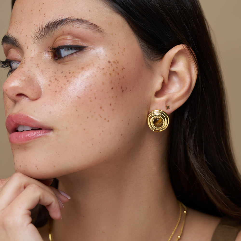 Statement Earring Default Semi-Precious Tiger’s Eye Dome Stud Earrings Orelia Jewellery