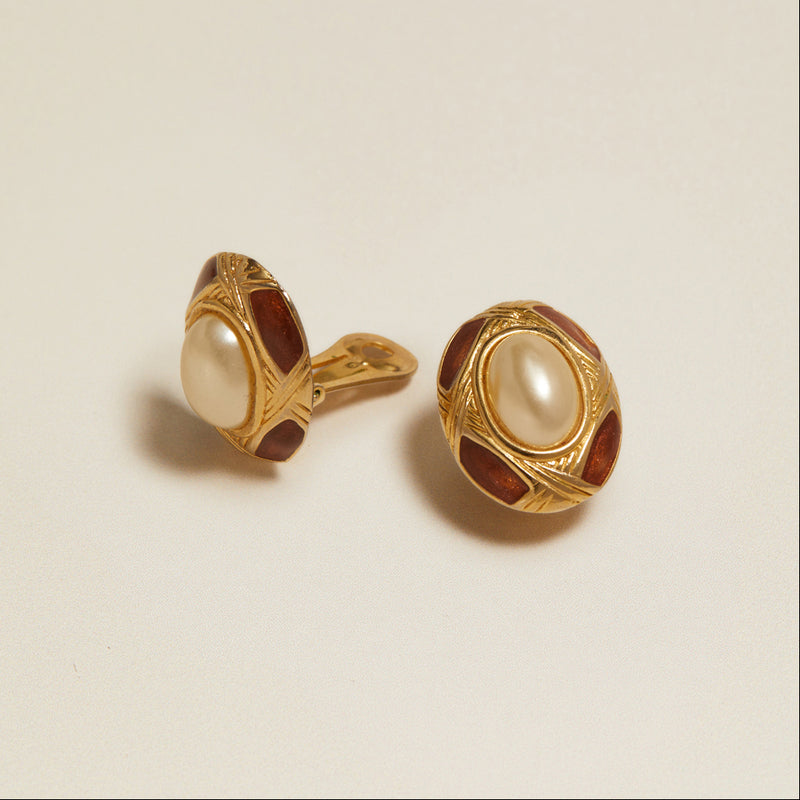 Statement Earring Vintage Pearl & Red Stone Clip-On Earrings Orelia Jewellery