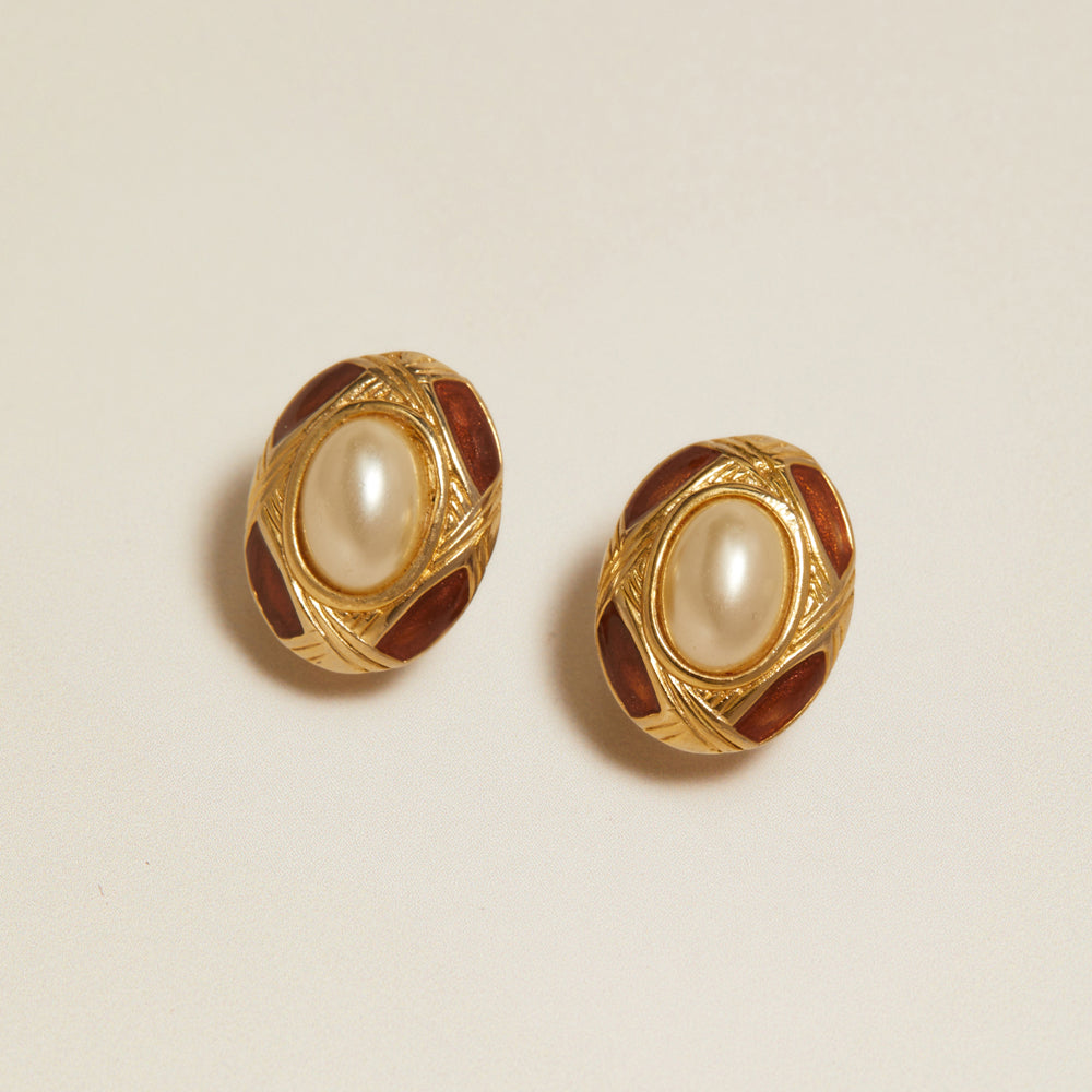 Statement Earring Vintage Pearl & Red Stone Clip-On Earrings Orelia Jewellery
