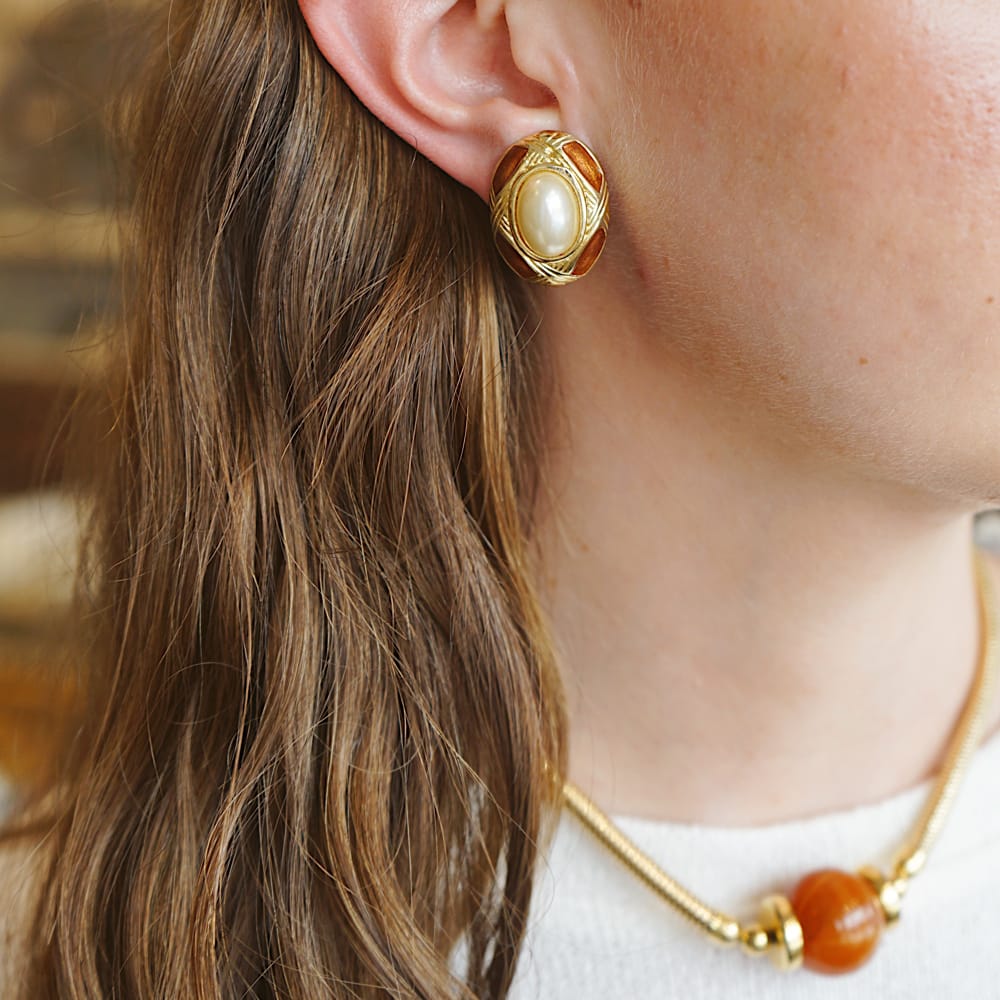 Statement Earring Vintage Pearl & Red Stone Clip-On Earrings Orelia Jewellery