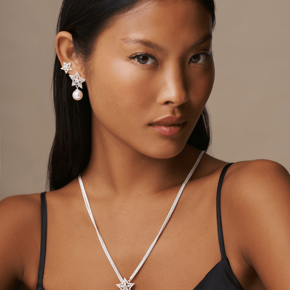 Statement Earrings Crystal Star & Pearl Drop Earrings Orelia Jewellery