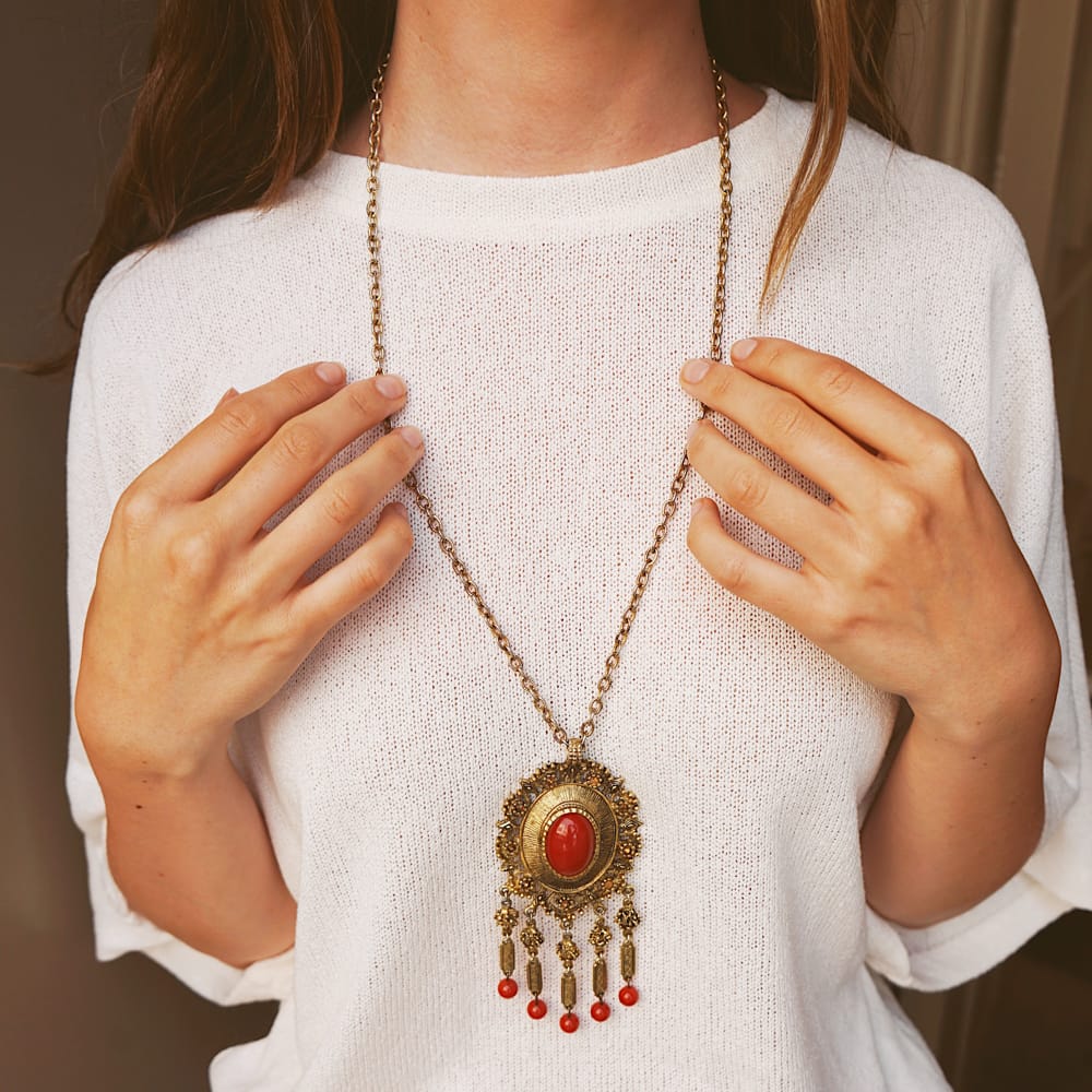 Statement Necklace Vintage Red Stone Fringe Pendant Necklace Orelia Jewellery