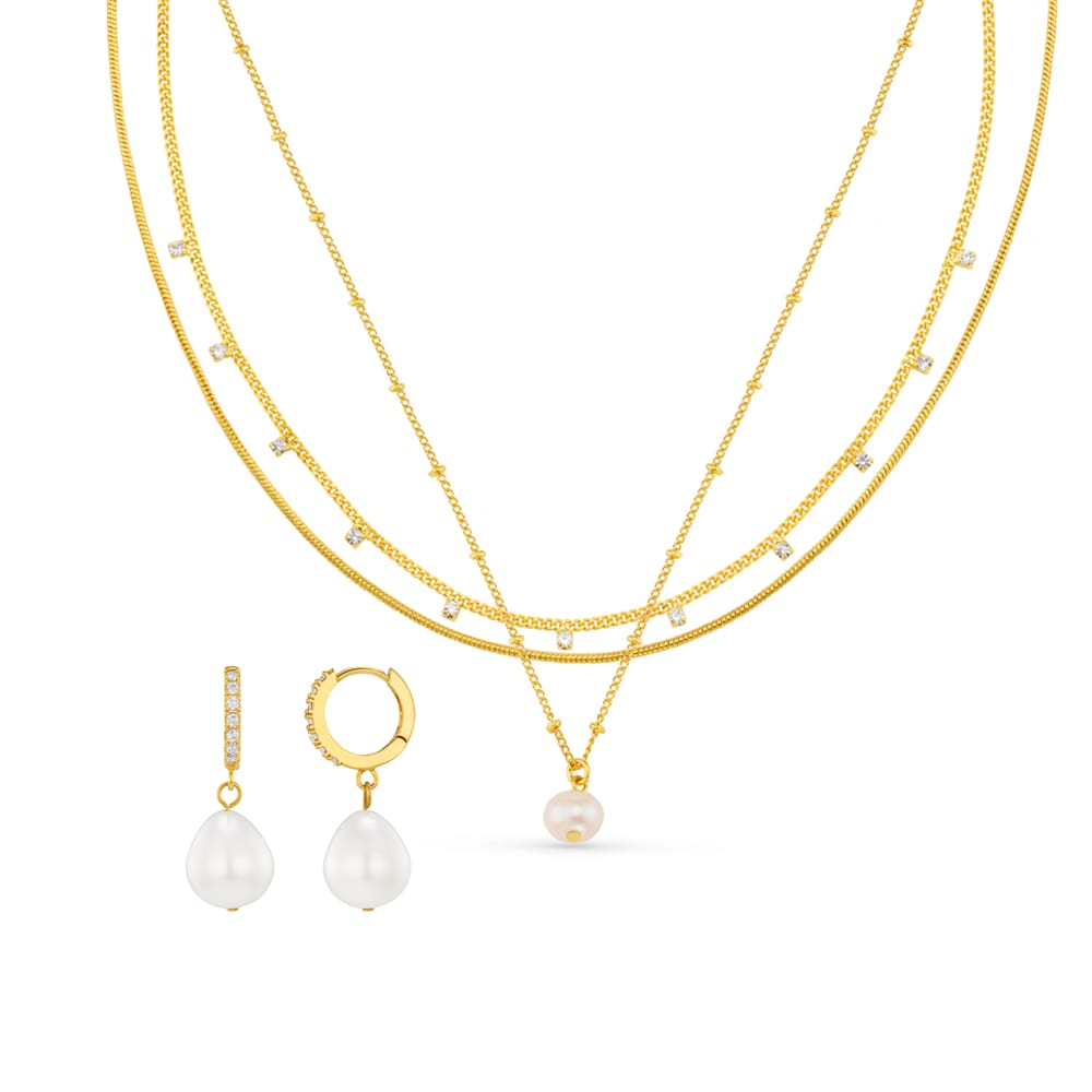 Style Sets Pearl Drop Pavé Earrings & Multi 3-Row Necklace Jewellery Set Orelia Jewellery