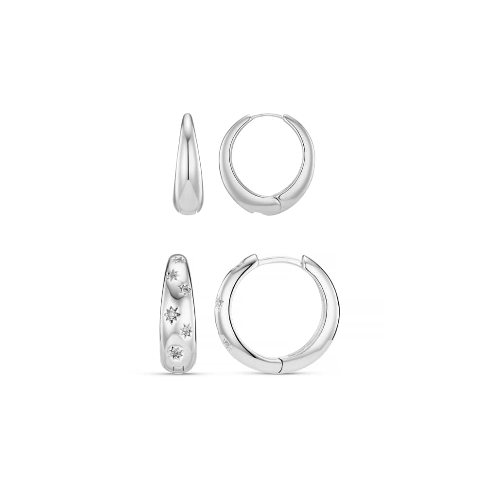Style Sets Tapered & Crystal Starburst Hoop Earrings Set - Silver Orelia Jewellery